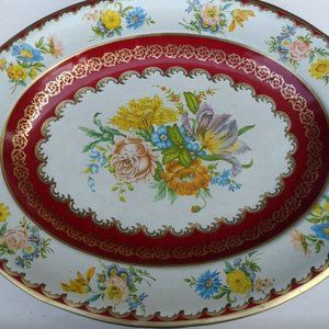 VTG Daher Decorated Tin Serving Tray Lovely Floral Design Oval 13"
